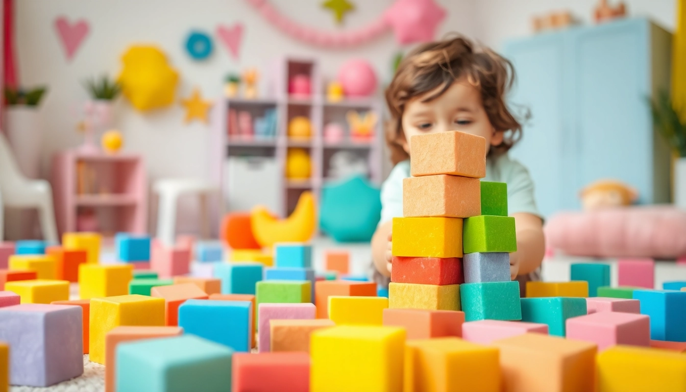 Engaging child play with soft foam building blocks; read more here for ideas.