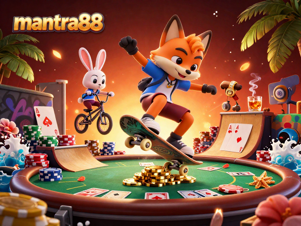 Mantra88's vibrant scene with a skateboarder fox and BMX rabbit showcasing thrilling casino adventures.