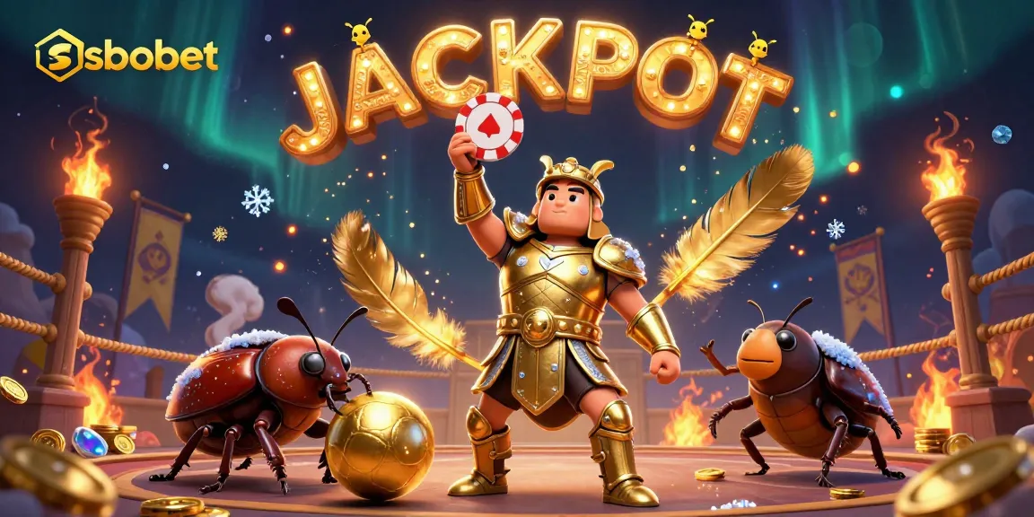Bet on sbobet with an epic showdown featuring a gladiatorial beetle and gold tokens in a dynamic arena.