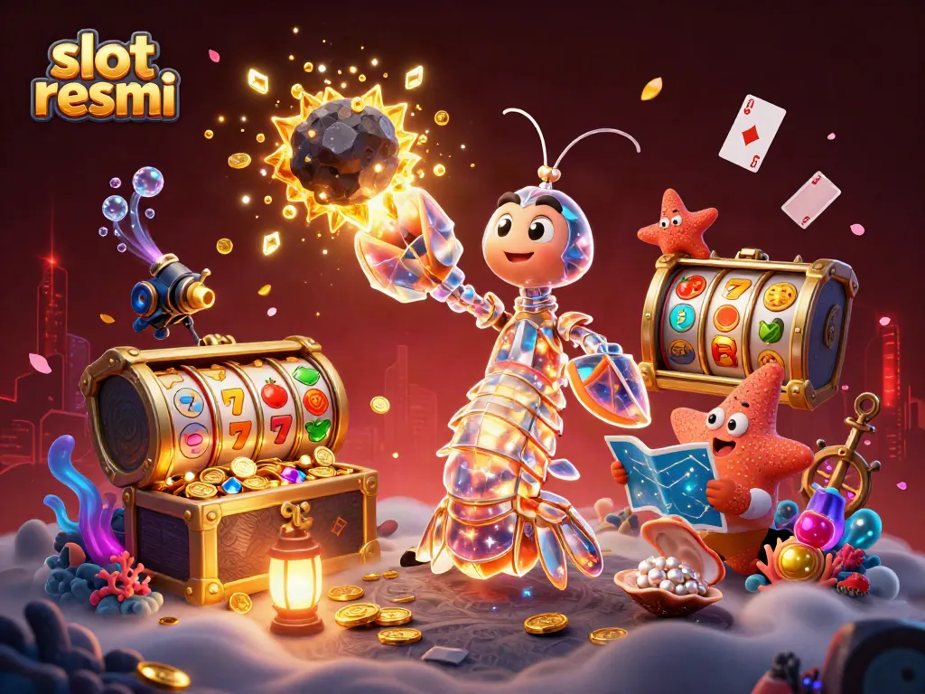 Engage with the exciting world of slot resmi through vibrant 3D illustrations featuring galactic characters, slot reels, and treasure!