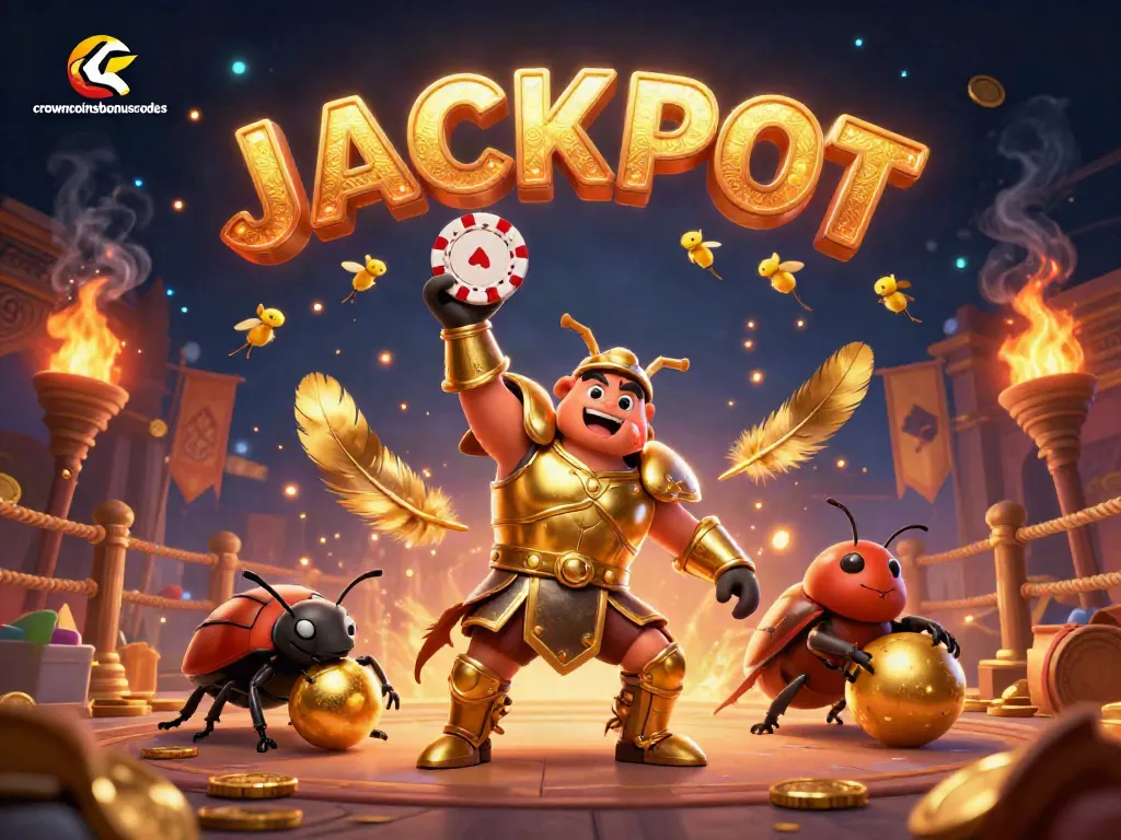 Spin a vital victory in crowncoinsbonuscodes with a victorious beetle and glowing jackpot!
