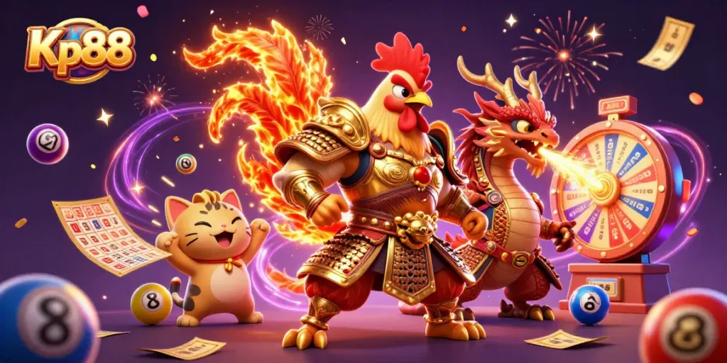 Kp88 invites players to experience thrilling gaming with colorful lottery balls and fireworks.