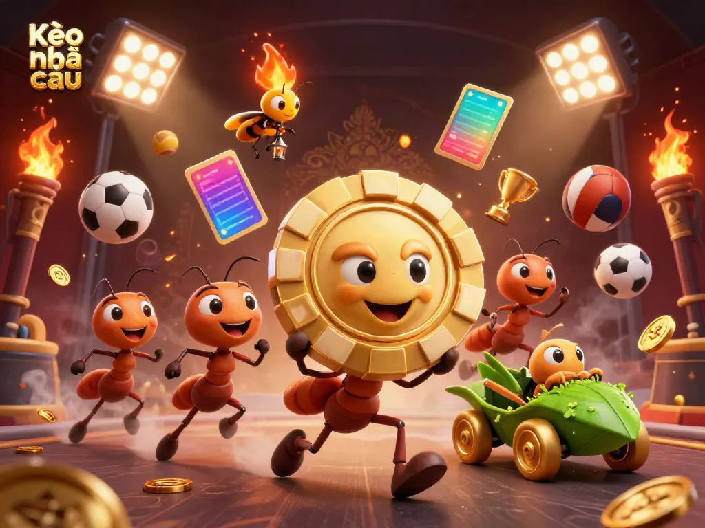 Experience Kèo nhà cái with a dynamic scene of ants executing a heist featuring golden poker chips and sports elements.