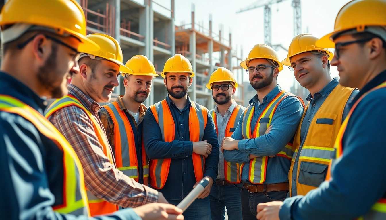 Showcasing a construction company membership organization with dedicated professionals on a busy job site.
