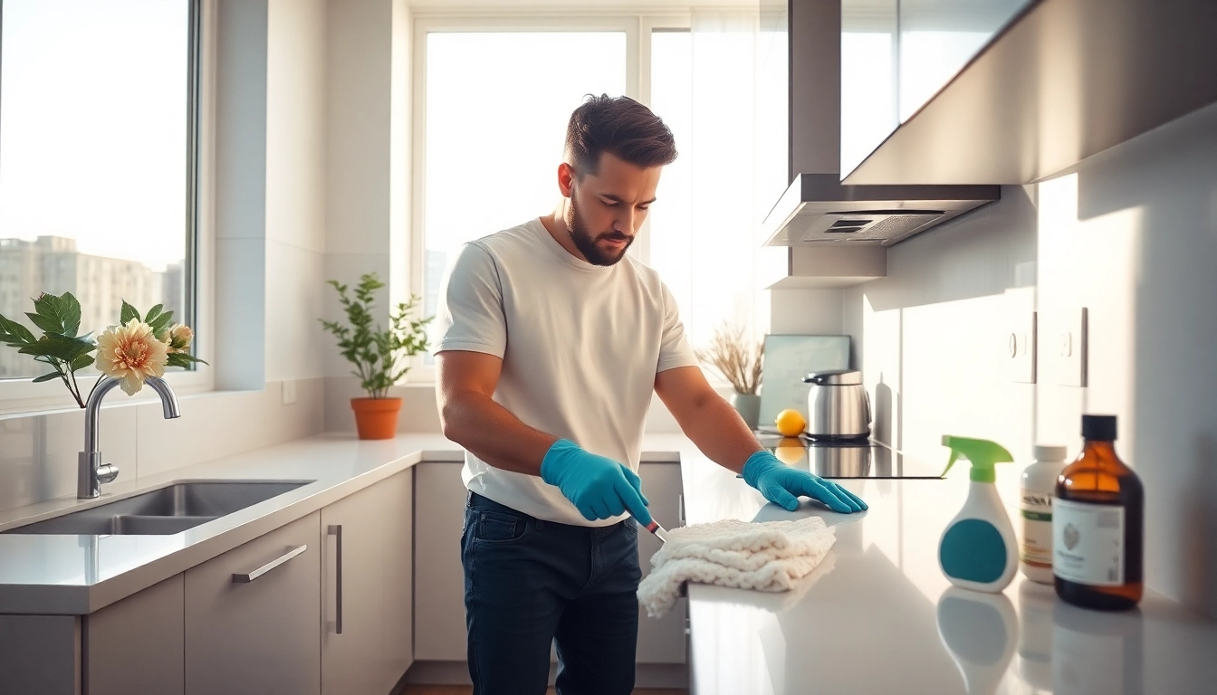 Bond cleaning service in action, showcasing a cleaner focusing on kitchen surfaces.