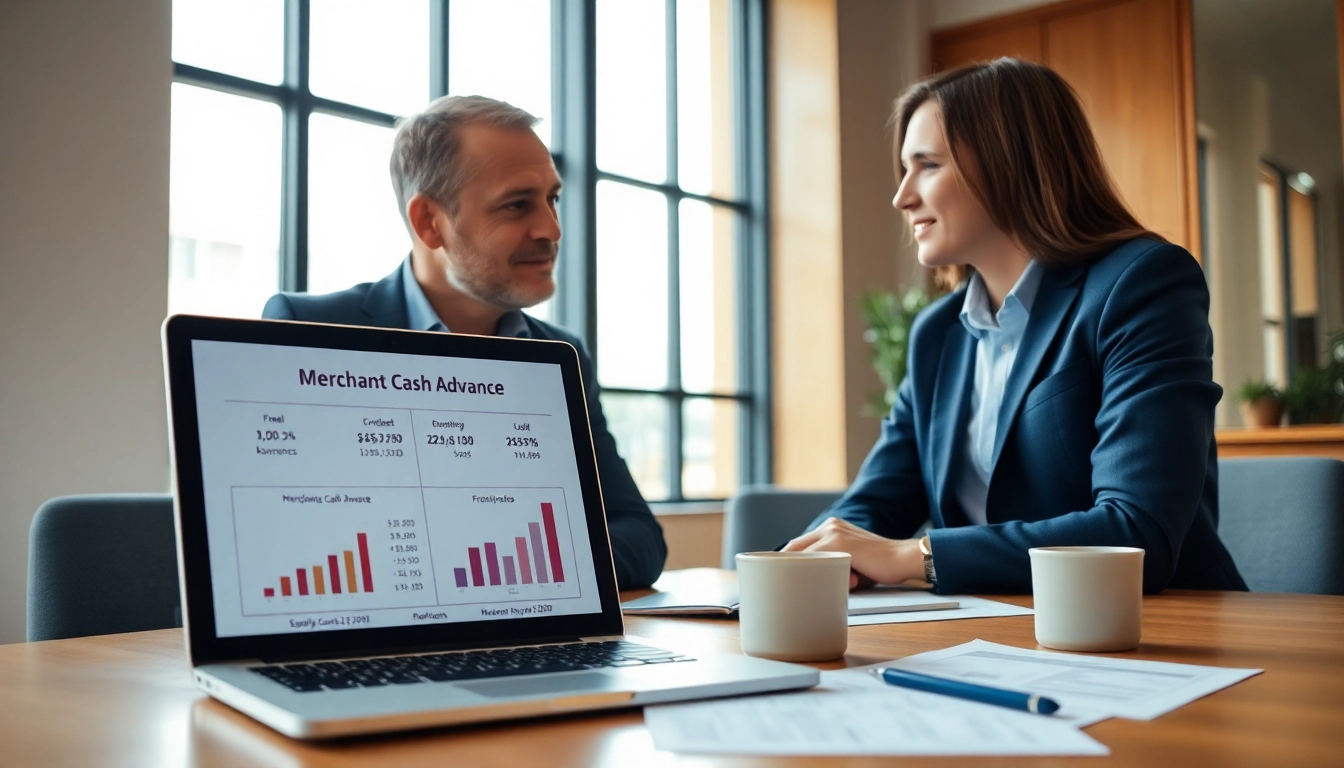 Analyze merchant cash advance rates with financial advisor in a modern office setting.