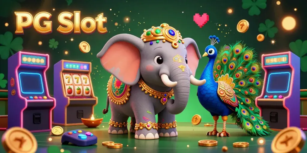 Slot PG yang menghibur dengan karakter gajah dan burung merak ceria di suasana kasino.