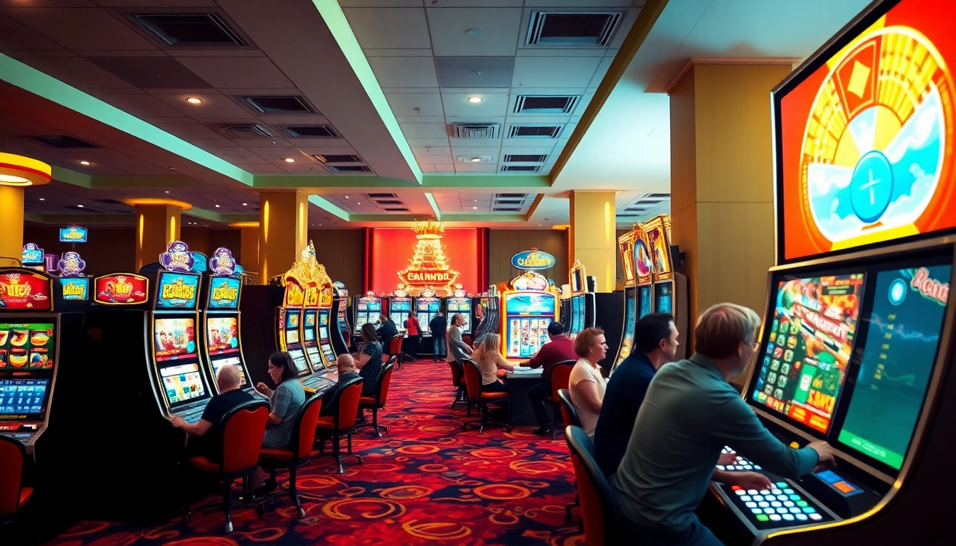 Speel de pistolo bonus in een levendige casino lobby met kleurrijke slotmachines en tafels.