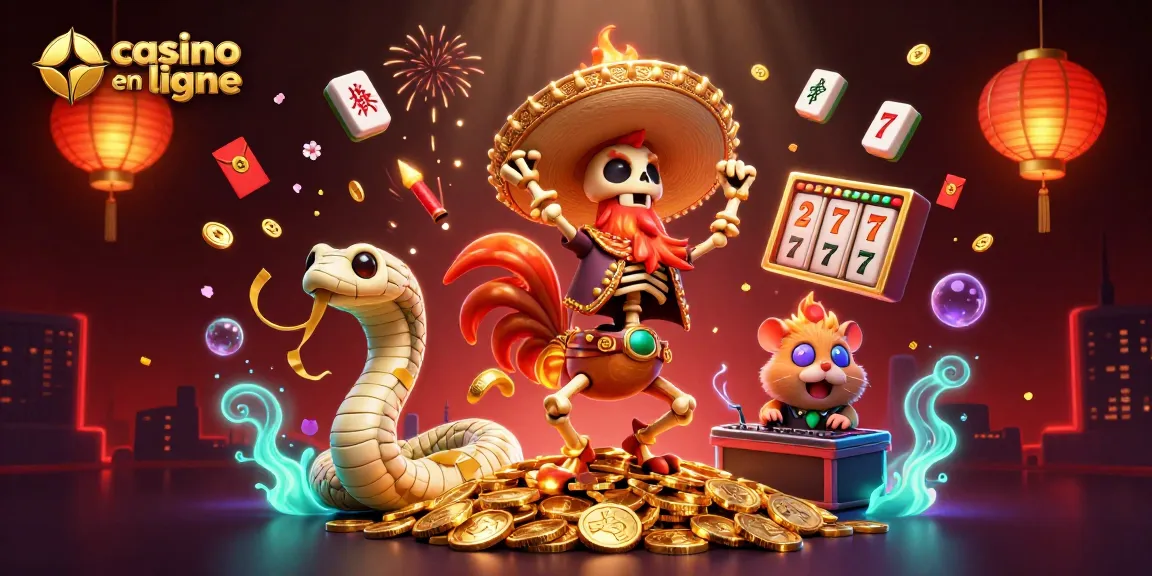 Illustration d'un casino en ligne avec un perroquet mariachi dansant et des éléments de jeu dynamiques.