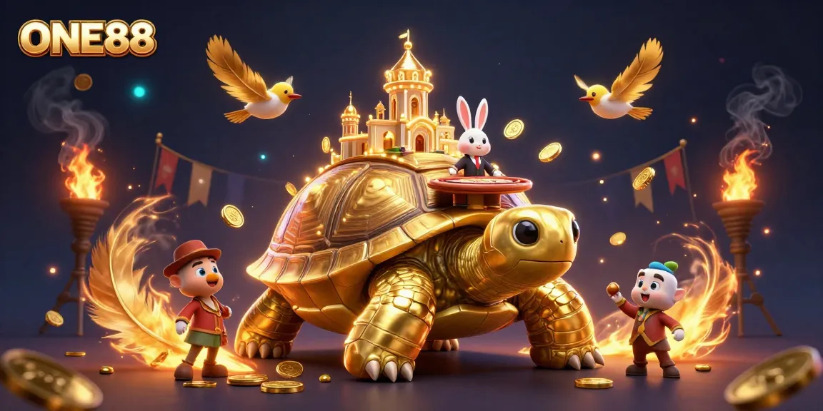 Engaging illustration showcasing ONE88, highlighting a golden tortoise casino with a rabbit dealer, shimmering coins, and an energetic atmosphere.