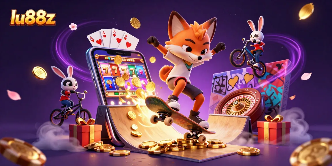 lu88z showcasing vibrant casino energy with a fox and rabbit characters in a dynamic gaming scene