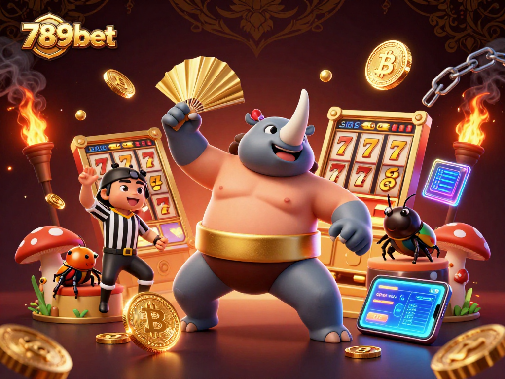 Experience the excitement of 789bet with a lively 3D casino illustration featuring a beetle sumo champion.