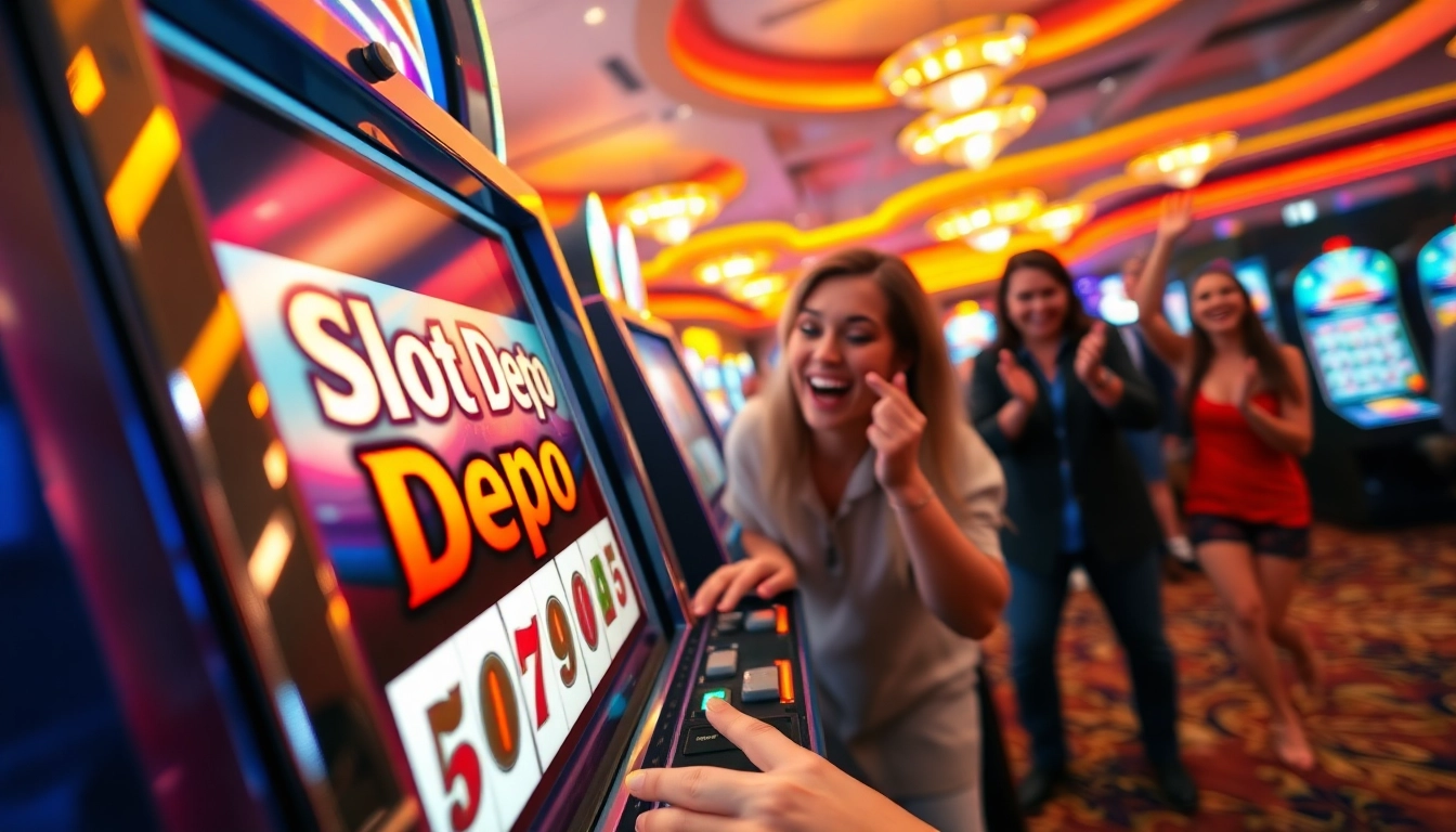 Menangkan besar dengan Slot Depo 5000, pemain bahagia di mesin slot yang cerah.