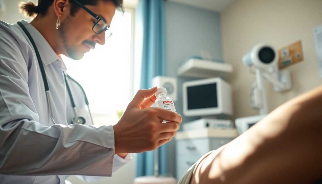 Applying DMSO for pain relief on a patient's knee in a clinical setting