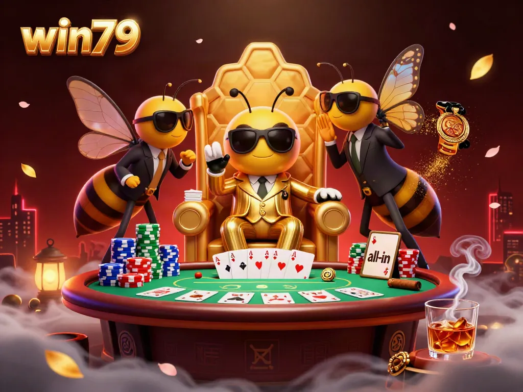 Experience the thrilling atmosphere of win79 with a dynamic 3D casino scene featuring lively characters and poker elements.