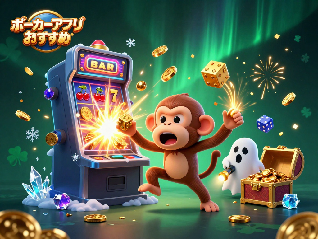 ポーカーアプリ おすすめの魅力を表現した、ポルターガイストモンキーとゴーストハンター子犬の冒険を描いた3Dデジタルイラスト