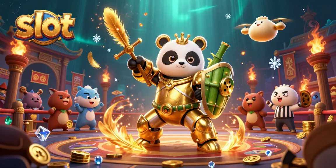 Permainan slot dengan panda emas dalam robot bertema, memukau dengan simbol dan koin emas yang berputar.
