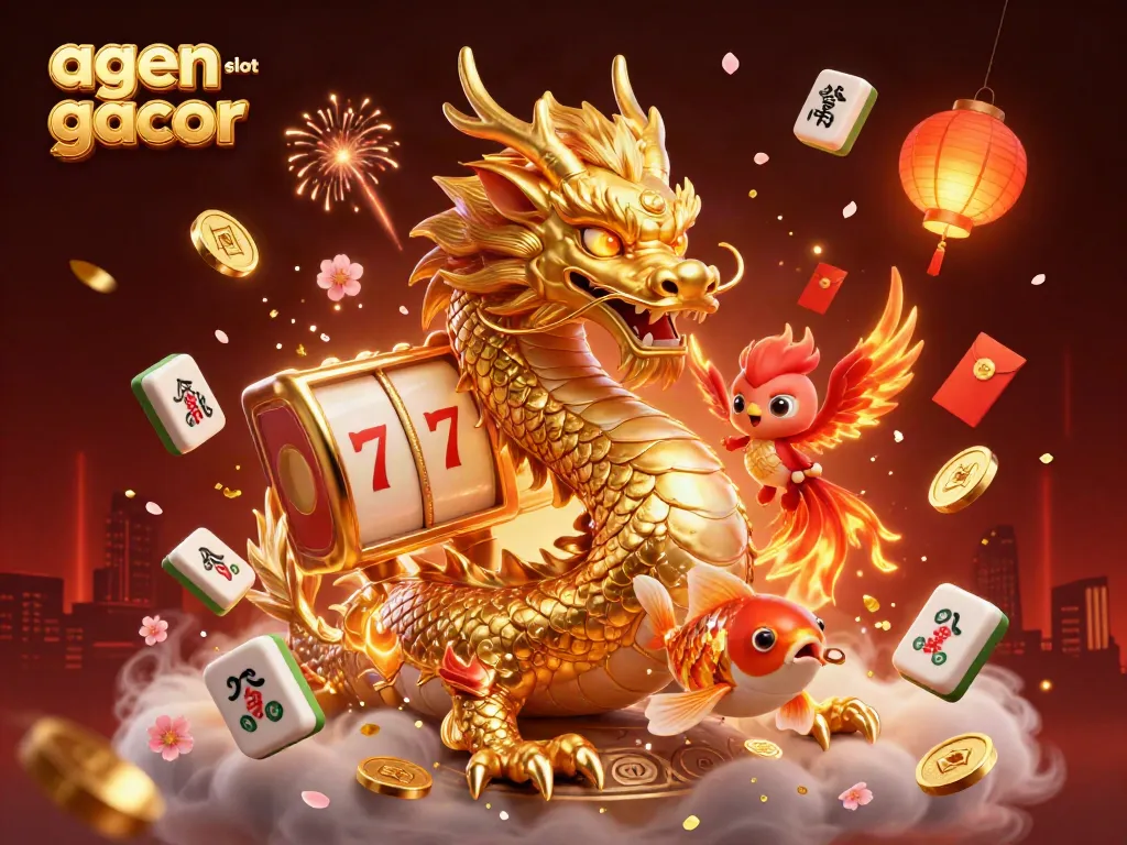 Experience an exhilarating scene with agen slot gacor featuring a golden dragon, phoenix, and koi fish amidst slot reels and vibrant decor.