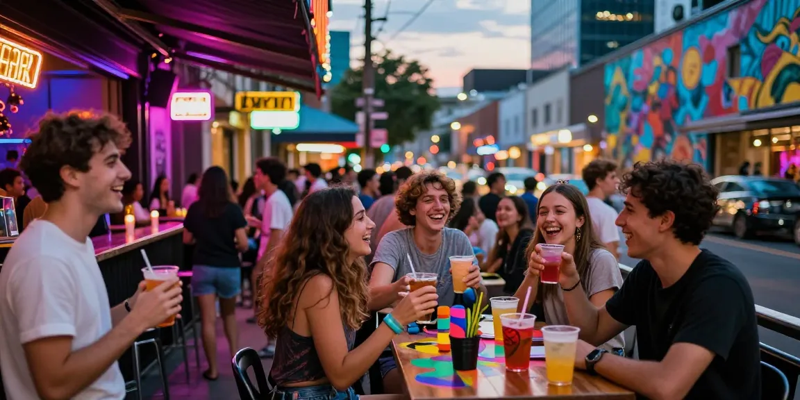 Youthful crowd enjoying a night at a 유흥사이트 bar, with vibrant neon lights and a lively atmosphere.