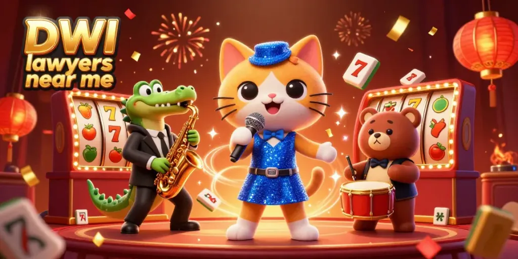 DWI lawyers near me showcased in a lively casino scene with a singing cat, saxophonist crocodile, and drummer bear, amid spinning slot reels and colorful confetti.