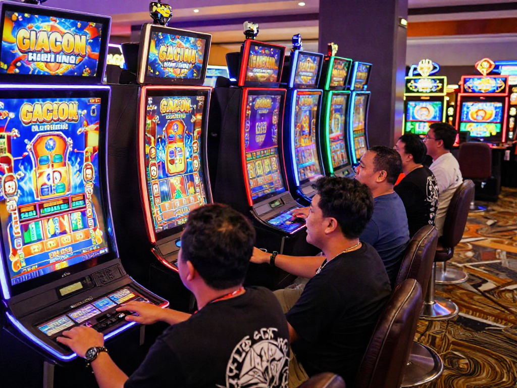 Exciting slot gacor hari ini game scene in a bustling casino filled with diverse players enjoying vibrant slot machines and colorful interactive screens.