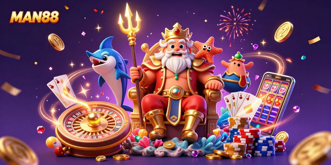 Experience MAN88 as a vibrant sea king scene filled with coins and casino elements.