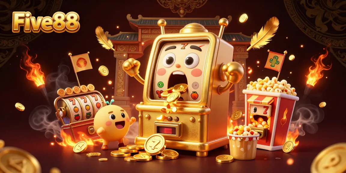 Five88 slot machine celebrates a big win in a vibrant casino scene full of excitement and gold.
