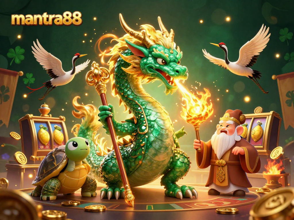 Explore the captivating mantra88 casino scene with a jade dragon, sage turtle, and lucky cranes amidst vibrant gaming elements.
