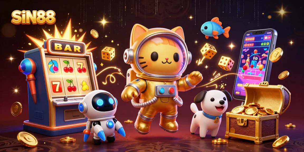 SIN88 jackpot excitement with a golden astronaut cat, robot dog, and slot machine bursting with coins.