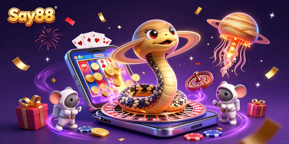 Experience the thrill of gambling with Say88's dynamic 3D casino scene featuring a Saturn ring roulette, playful astronaut mice, and vibrant game elements.