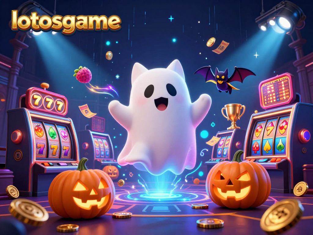 Experience thrilling gameplay with lotosgame in a haunted haunted casino setting, featuring playful ghost cat and bat.
