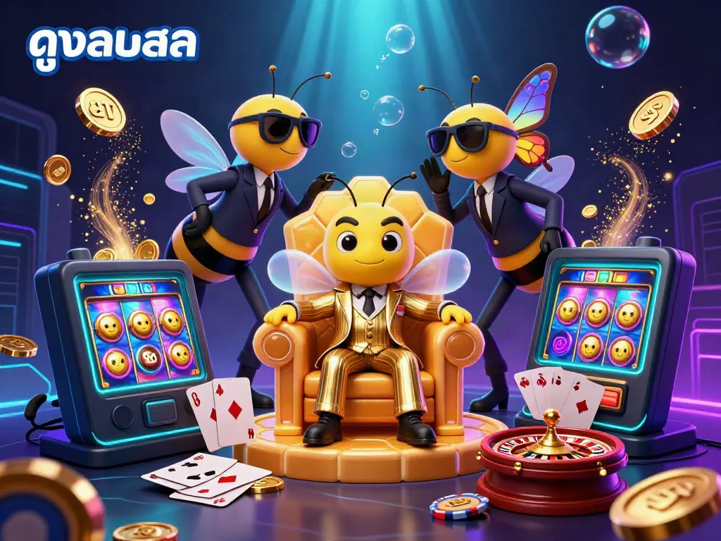 Engaging illustration of a bumblebee mob boss overseeing sports betting activities on an advanced platform, promoting ดูบอลสด.