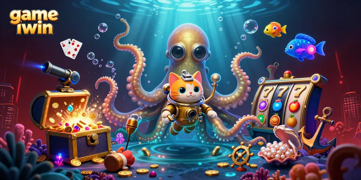 Engage with game iwin as a colossal kraken and diving cat uncover treasure in this casino-themed 3D illustration.