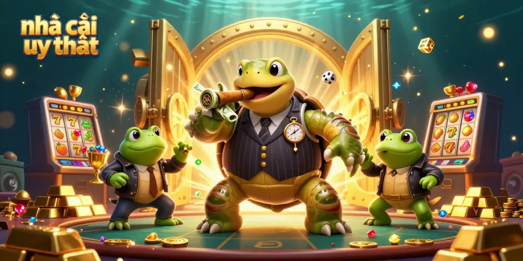 Engaging illustration showcasing a snapping turtle in a suit, representing nhà cái uy tín in a vibrant casino scene.
