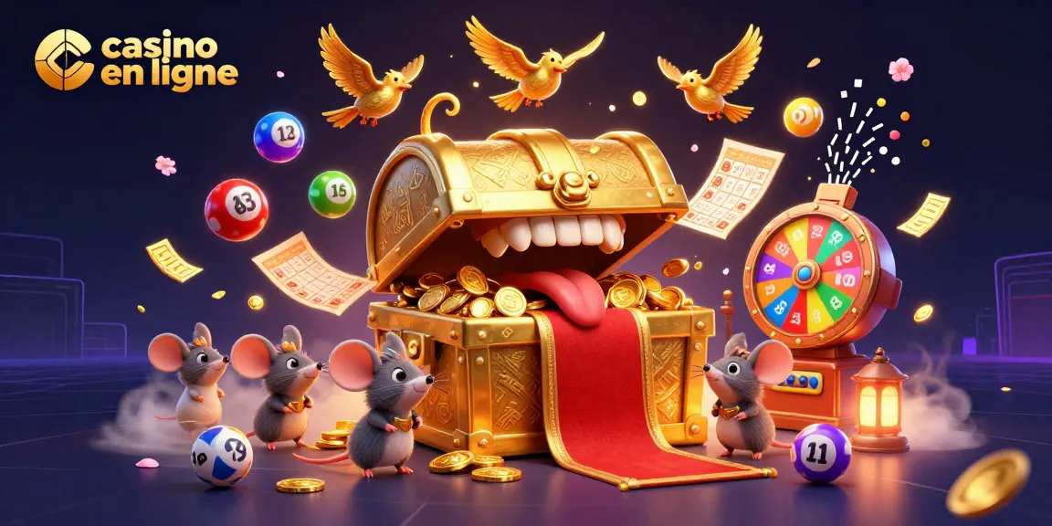 Jouez au casino en ligne avec des ballons de loterie colorés et un coffre au trésor animé.