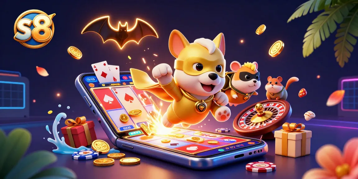 Experience thrilling action with s8 as a superhero dog flies with a bag of gold coins, showcasing vibrant casino elements.