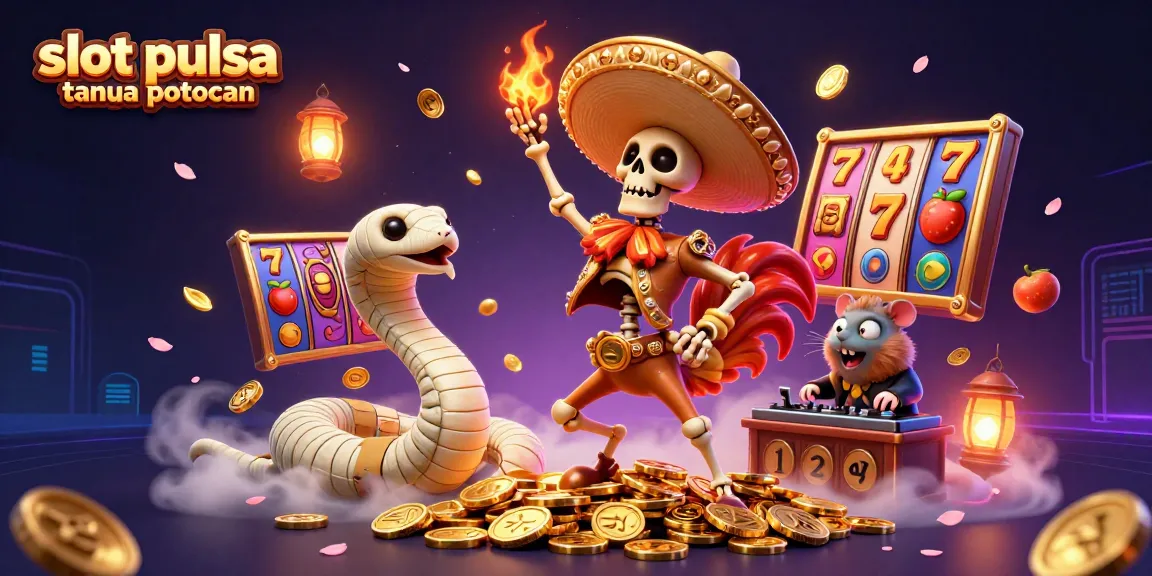 Visualisasikan slot pulsa tanpa potongan dengan karakter ceria dan simbol permainan yang mengelilinginya.