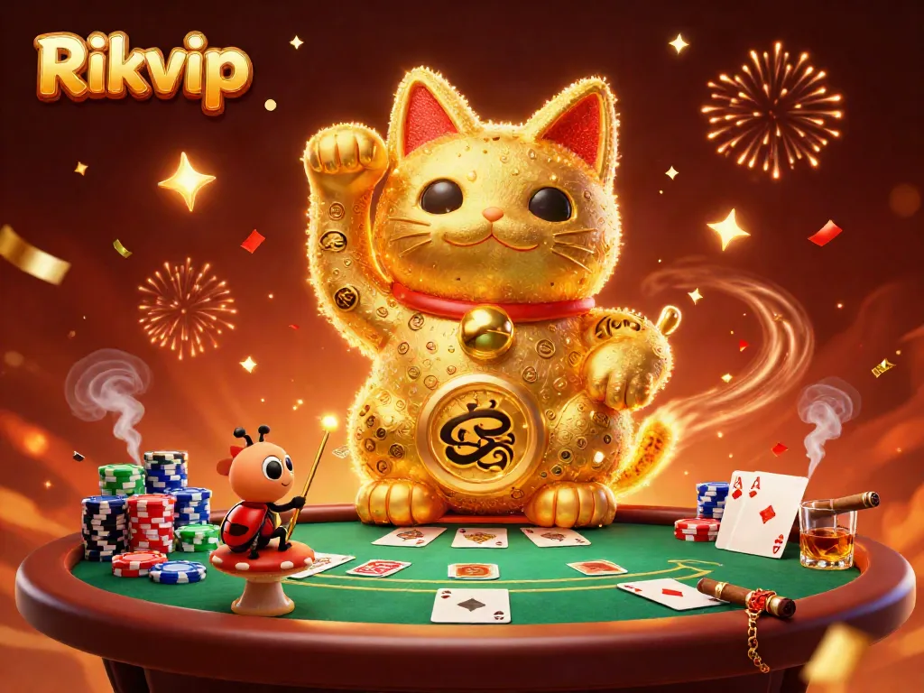 Experience the thrilling world of Rikvip as golden fireflies form a lucky cat amidst poker excitement.