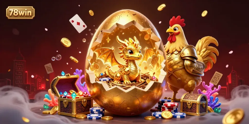 Engage with exciting 78win online casino gaming illustrated with golden dragon and poker chips.