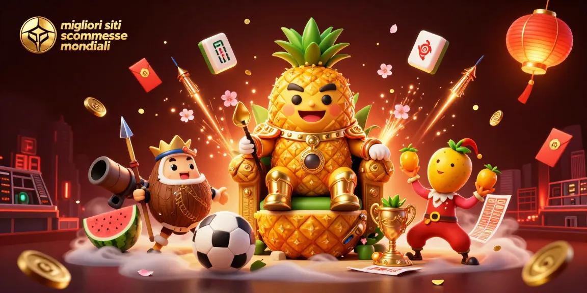 Visualizza i migliori siti scommesse mondiali in un'illustrazione dinamica di un re ananas con ambiente da casinò.