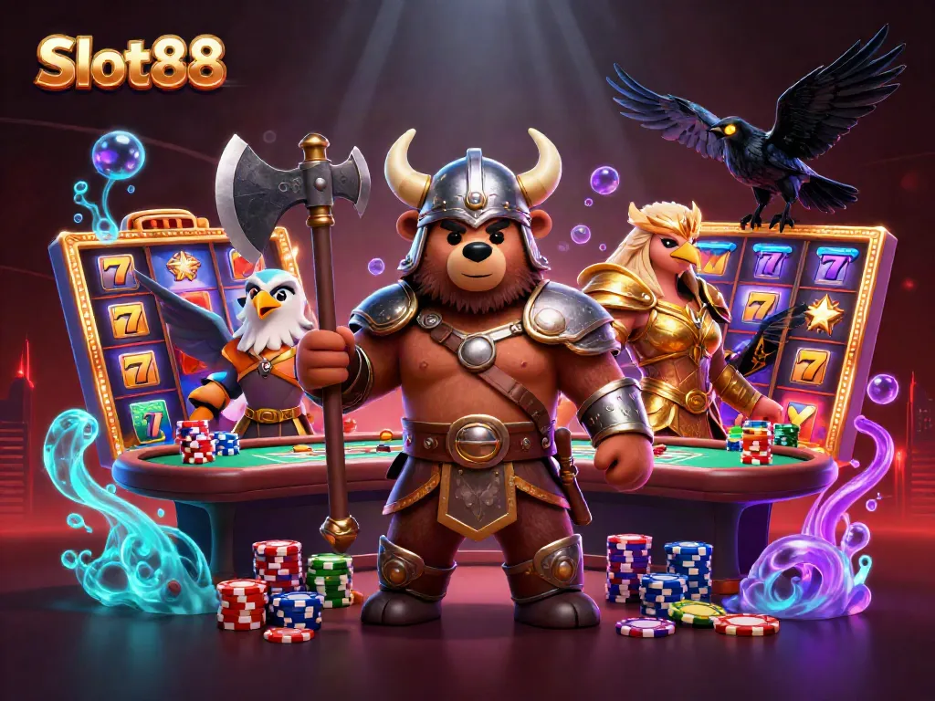 Engaging 3D scene showcasing Slot88 with a Viking bear, Valkyrie eagle, and casino elements.