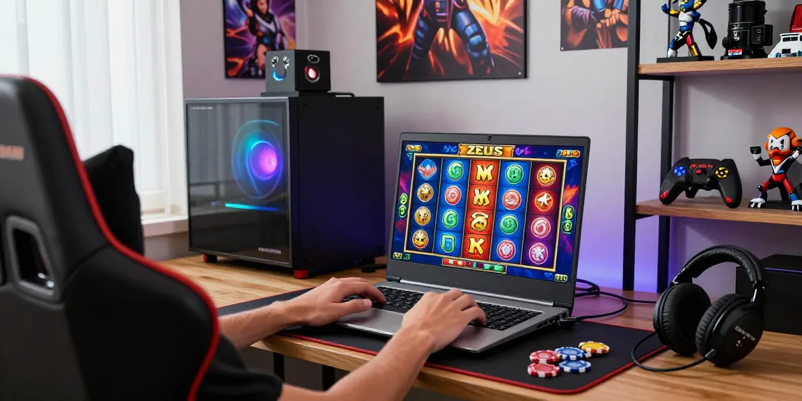 Player enjoying the thrilling slot zeus game on a laptop in a vibrant gaming setup.