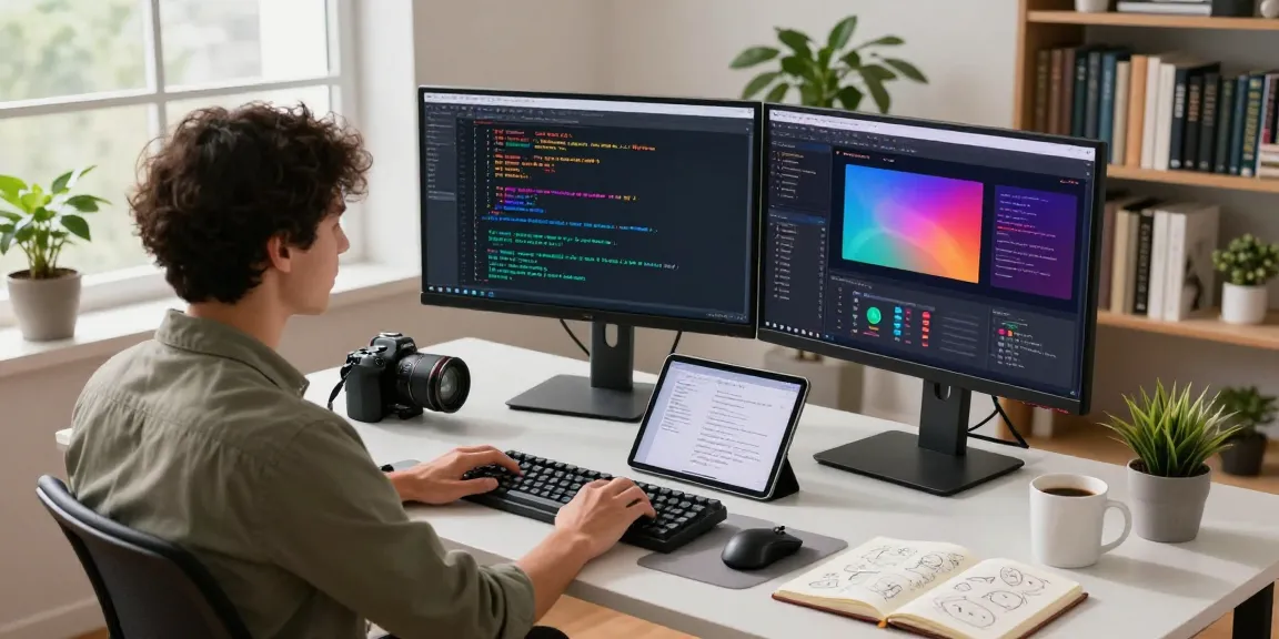 Software developer coding in modern workspace with bdtjl-focused tech setup and vibrant design elements.