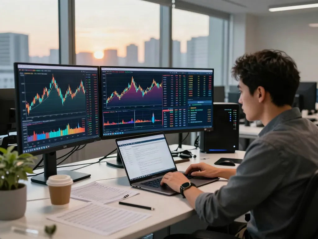 Focused trader analyzing market data on TradingView charts in a modern office setting