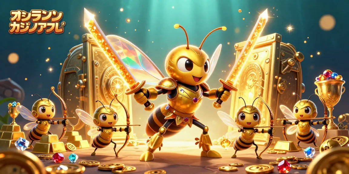 オンラインカジノアプリでの3Dイラスト、金色のスズメバチがサムライアーマーを着用し、宝物とともに描かれています。