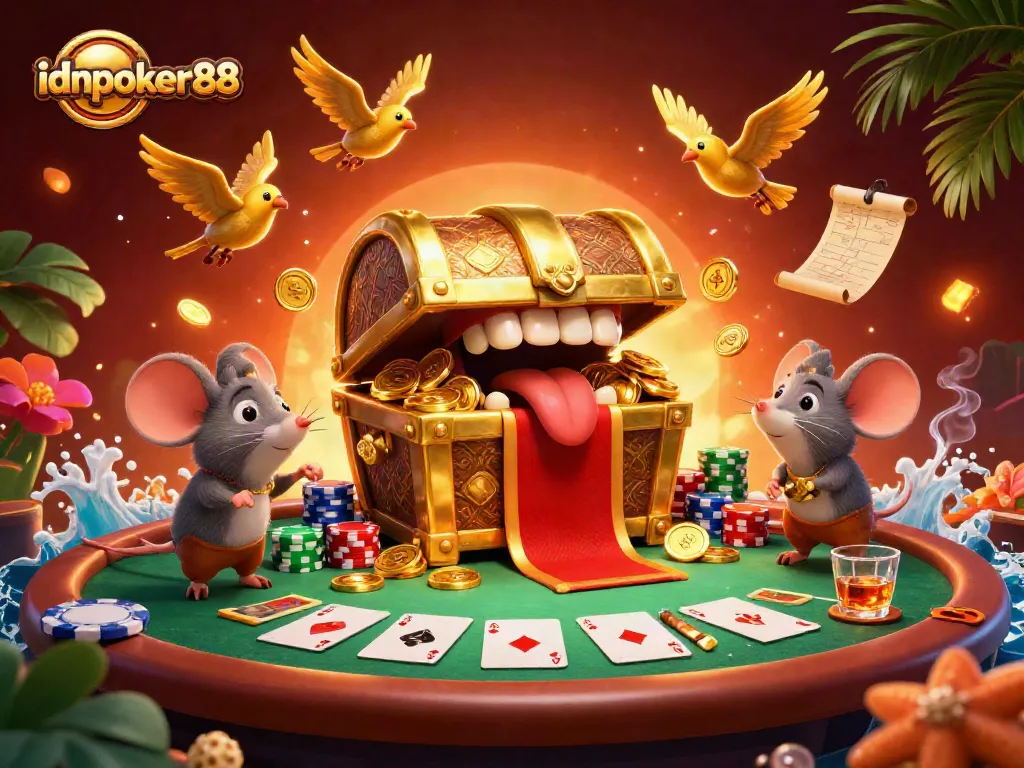 Experience the excitement of idnpoker88 with adventurer mice by a treasure chest amidst vibrant casino elements.