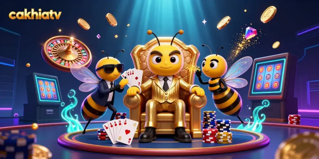 CakhiaTV casino scene featuring a bumblebee mob boss, wasp guards, and butterfly informant amidst a vibrant, dynamic betting environment.