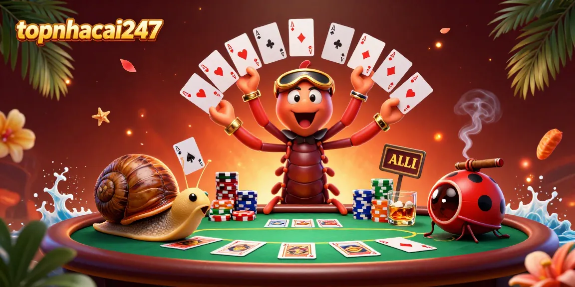 Engage in thrilling gameplay at topnhacai247 with a captivating casino scene displaying a cartoon millipede dealer and vibrant game elements.