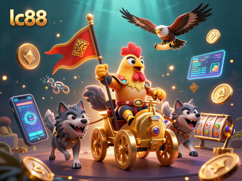 Play slots with lc88: A vibrant 3D illustration featuring a rooster warlord amidst neon crypto elements.