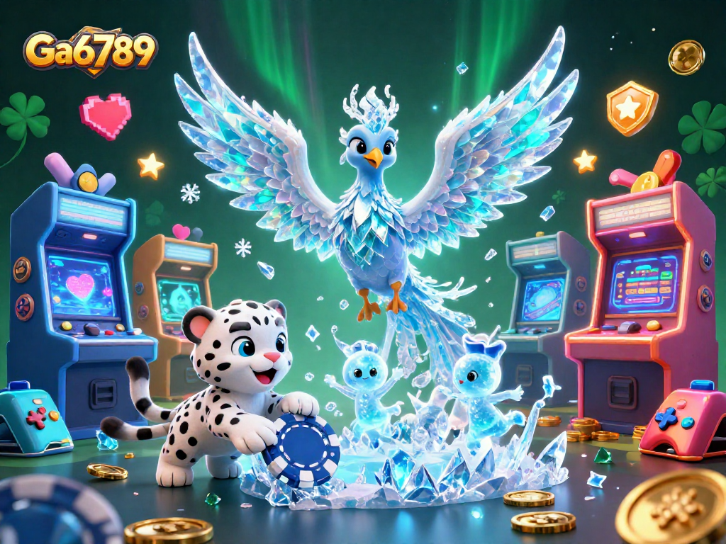 Engage with Ga6789's rich casino experience featuring a vibrant phoenix and playful ice sprites.